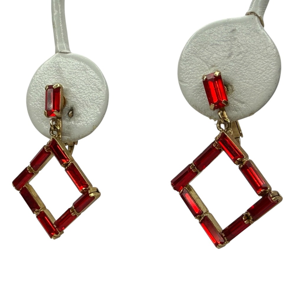 Vintage Drop Earrings Rhinestone Red Gold Tone Geometric Baguette Vintage